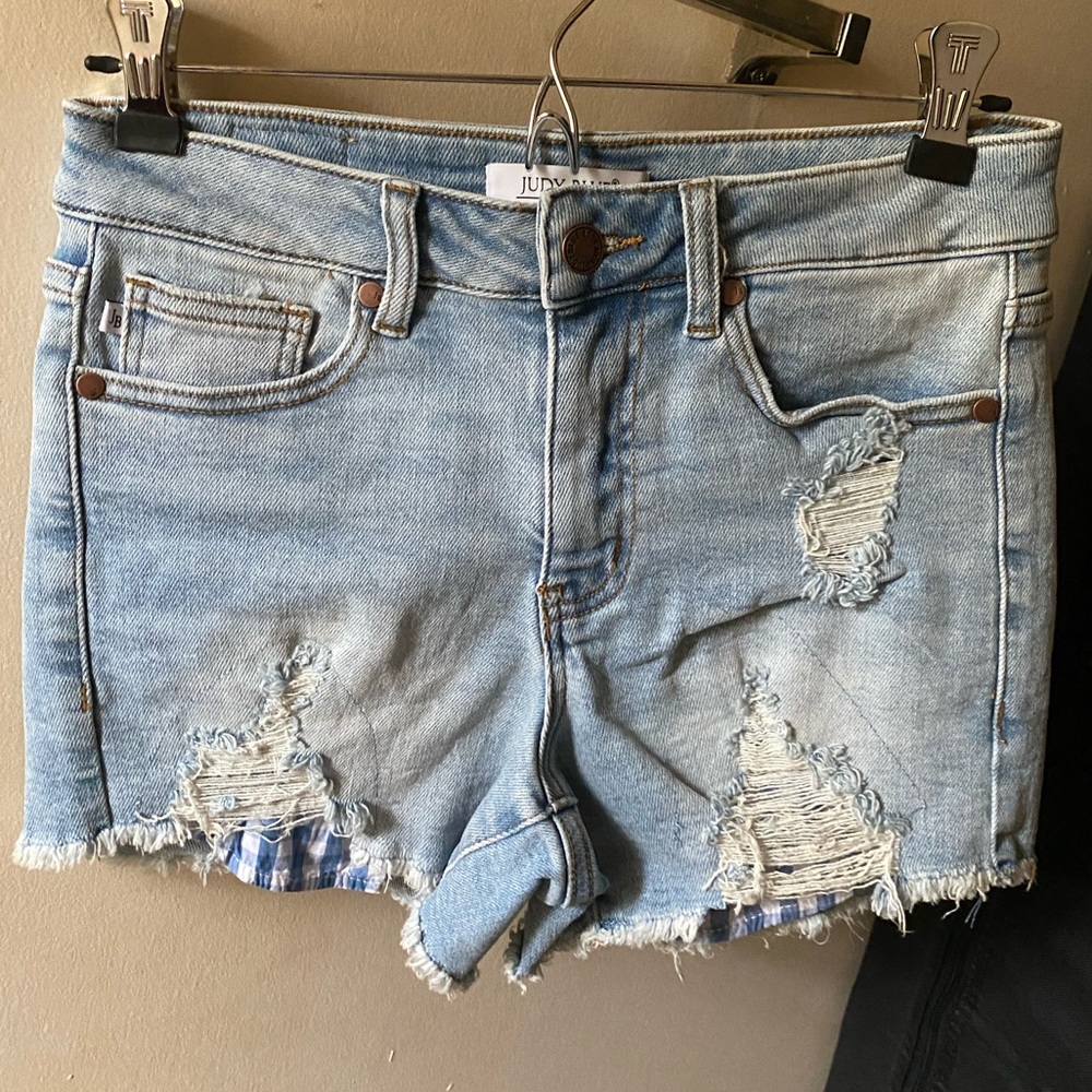 Judy Blue -Blue and White Distressed Jean Shorts with Gingham Design